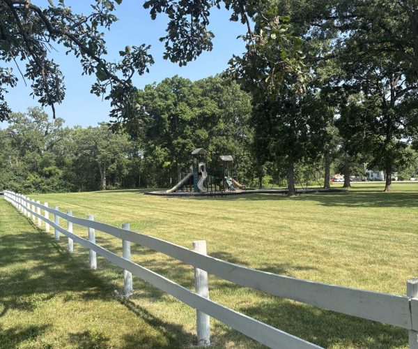 A playground with a slide and swings sits beyond a white fence in a grassy, tree-lined park.